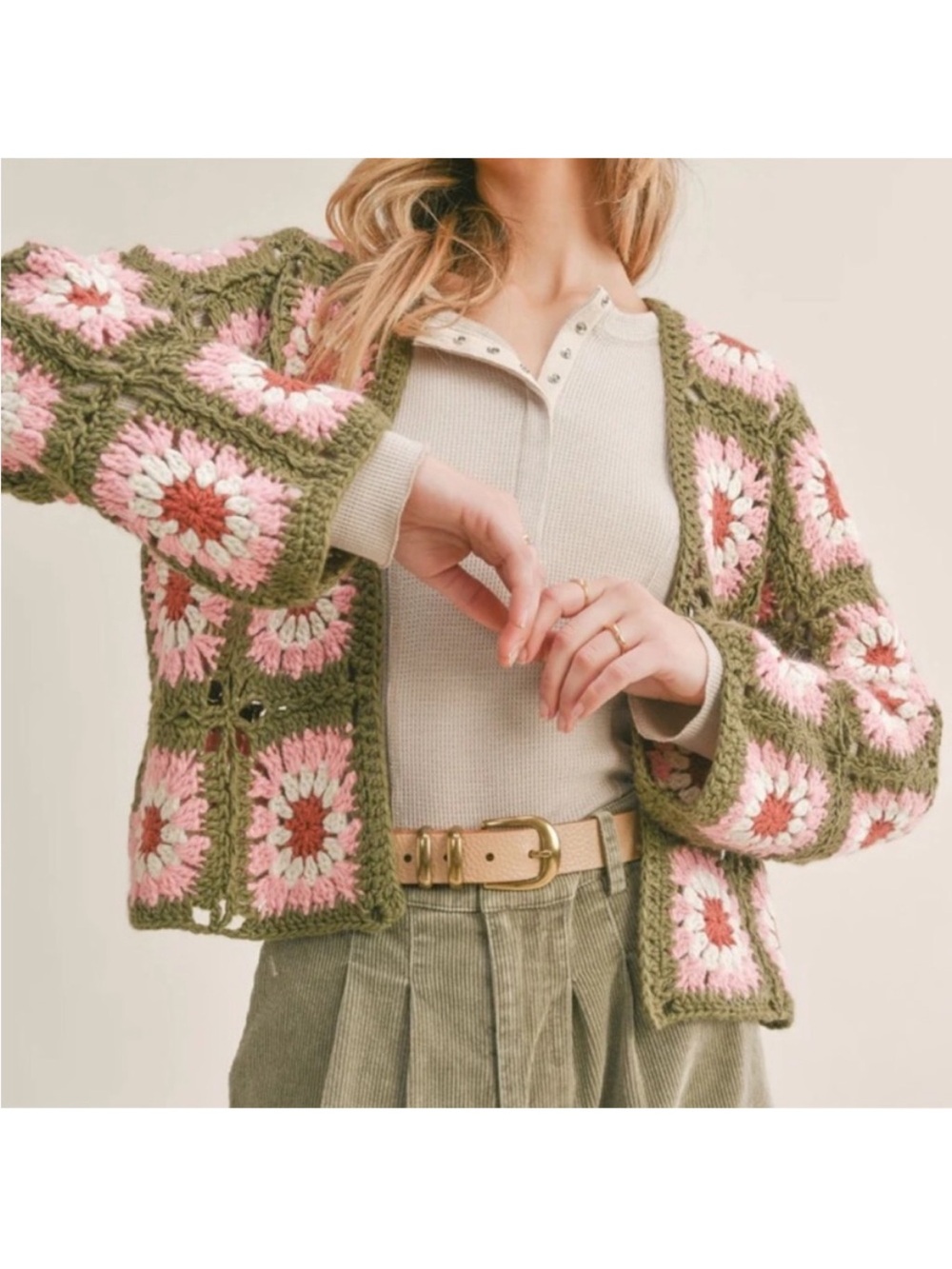 Sage the label whoopsie daisy crochet granny square cardigan womens M